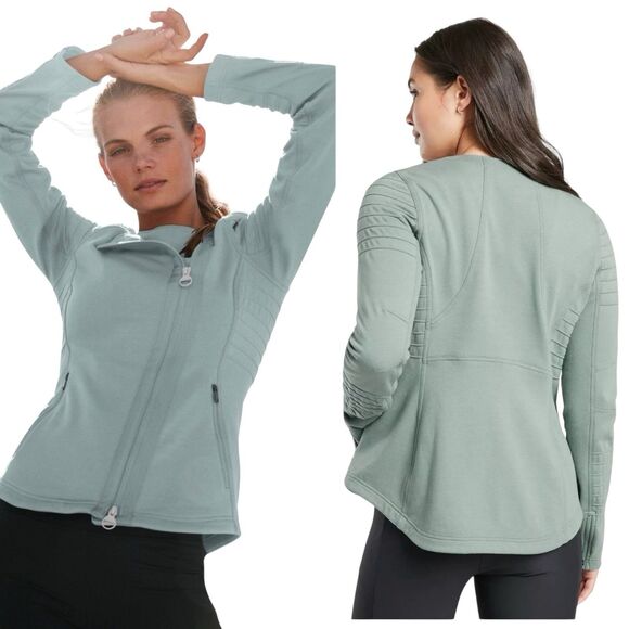 Athleta Moto Jacket Minimalistic Grey SIZE S Green Gym Travel Zip Up #982849 - Picture 1 of 16